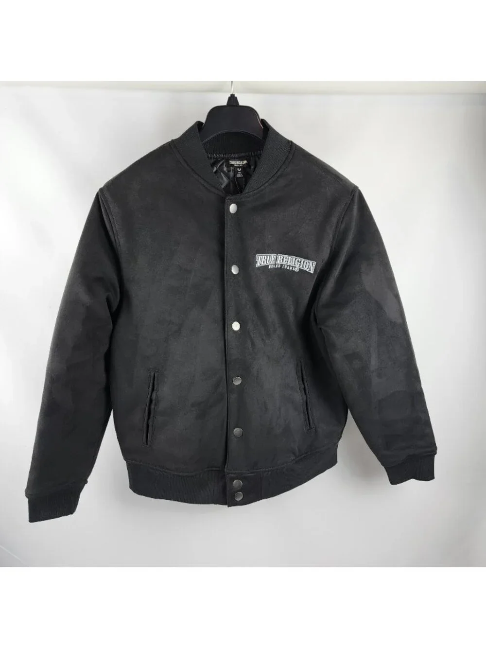 True Religion Jacket Mens Small Jet Black Arch Suede Bomber NWT